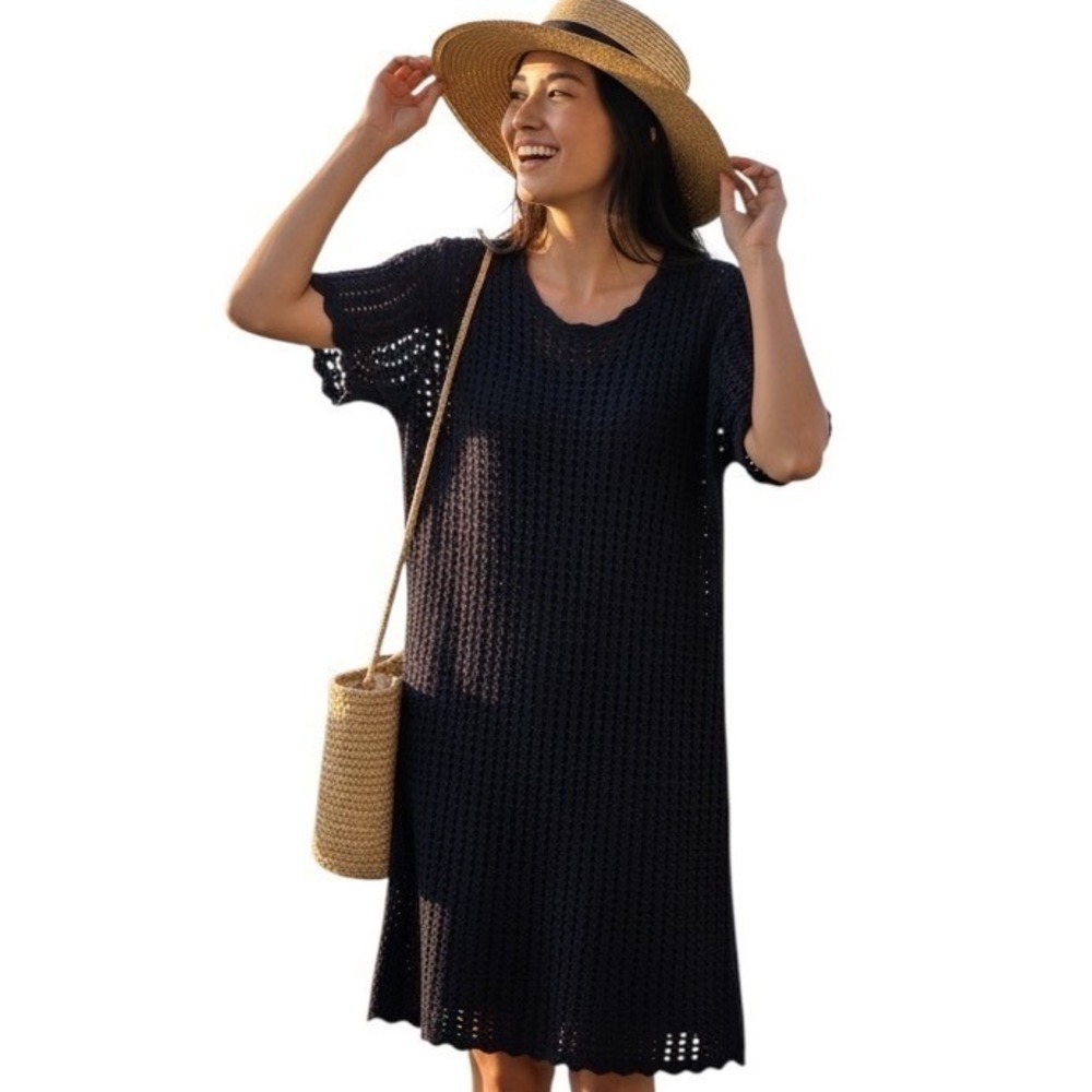 Gap Navy Blue Crochet Cotton Mini Dress Nautical Scallop Trim Size M Causal Chic